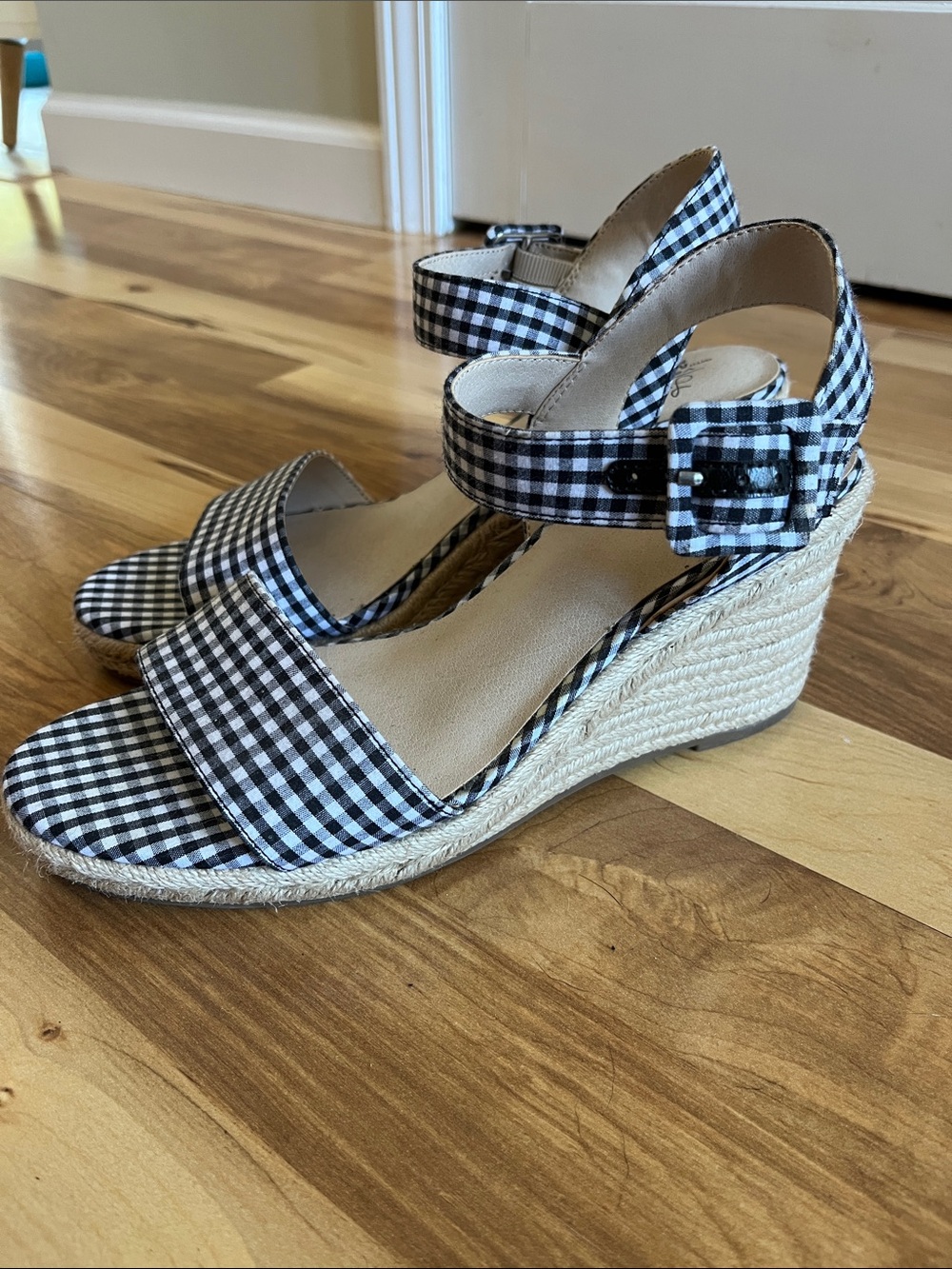 Life Stride Black & White Gingham Espadrille Wedges